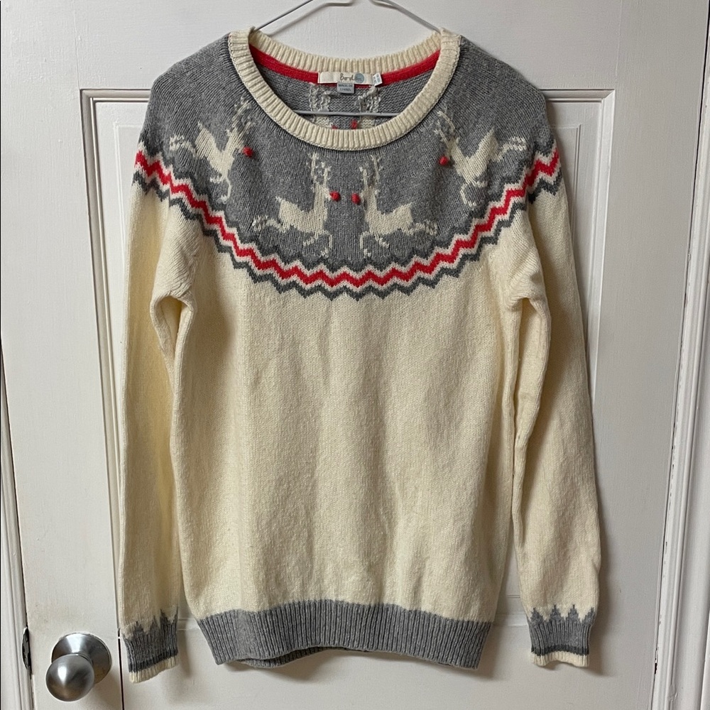 Boden Women's Gray and Cream Sweater with Reindeer Pattern